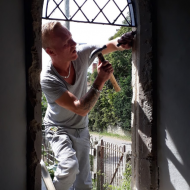 stained glass window being restored