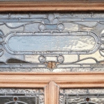 stained glass window with wooden frame